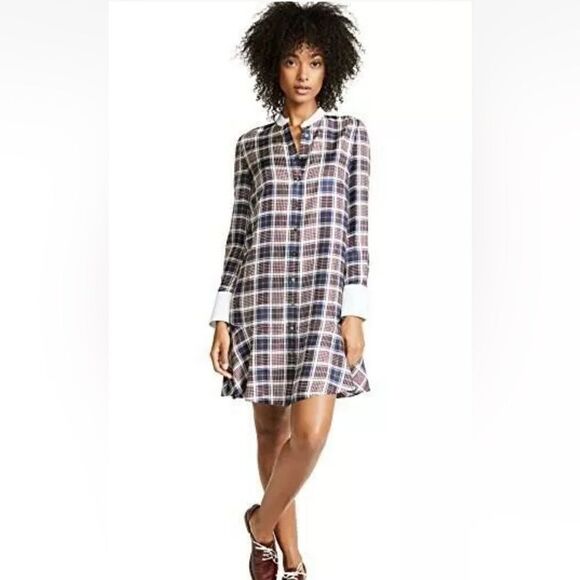 Tory Burch Cora Milano Tartan Silk Mini Brown Blue Shirt Dress Plaid Size 0 - Picture 4 of 15